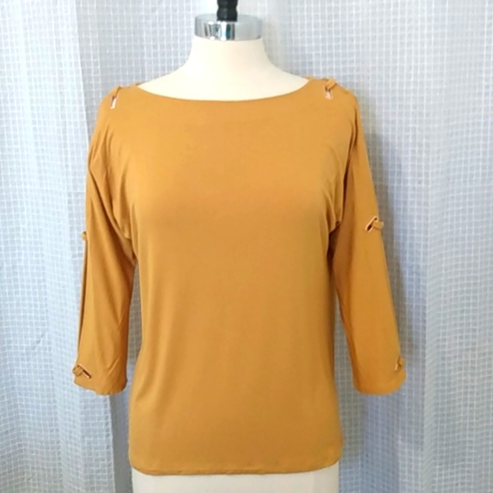 Blouse gold with embellished peek-a-boo long sleeve sz.M